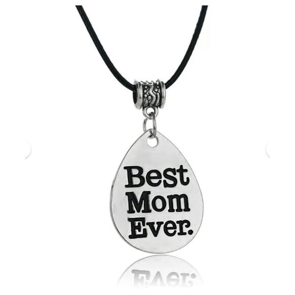 NEW Best Mom Ever Necklace Silver Teardrop Pendant with Slider on Black Cord - Picture 1 of 3